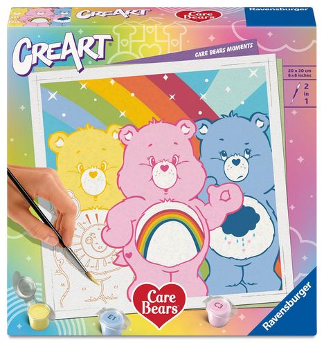 Text: "CREART", "CARE BEARS MOMENTS". Illustration: Drei bunte Bären, rosa, gelb, blau, vor einem Regenbogen, Farben zum Ausmalen.