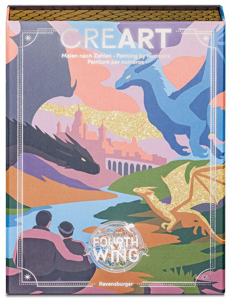 "CREART", "Malen nach Zahlen", "FOURTH WING". Illustration: Drachen über Flusslandschaft, zwei Personen im Vordergrund.