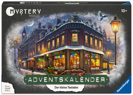 "ADVENTSKALENDER Der kleine Teeladen." Winterliche Straßenszene mit einem beleuchteten Eckladen namens "Golden Tea".