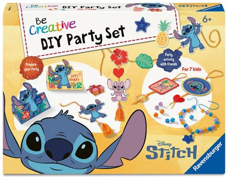 Text: "Be Creative DIY Party Set, For 7 kids, Prepare your Party, Party activity with friends, Let's Party, Disney Stitch."  
Illustration: Figuren und Bastelmaterialien von Stitch in lebendigen Farben.
