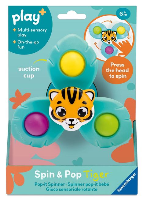 „Spin & Pop Tiger“ Pop-it Spinner mit Tigergesicht, bunten Knöpfen und Saugnapf, geeignet für 6 Monate und älter.