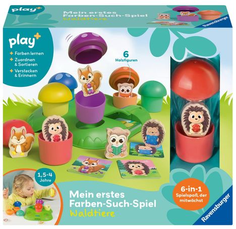 „Mein erstes Farben-Such-Spiel: Waldtiere“, 6 Holzfiguren, 1,5-4 Jahre. Mehrere bunte Spielsteine und Tierfiguren.