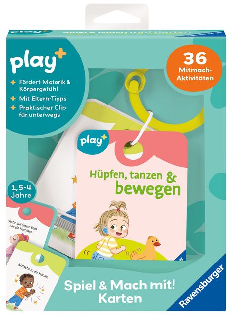 36 Mitmach-Aktivitäten für 1,5-4 Jahre, fördert Motorik, mit Eltern-Tipps. Illustration: Kind mit Ente, Karten und Clip.