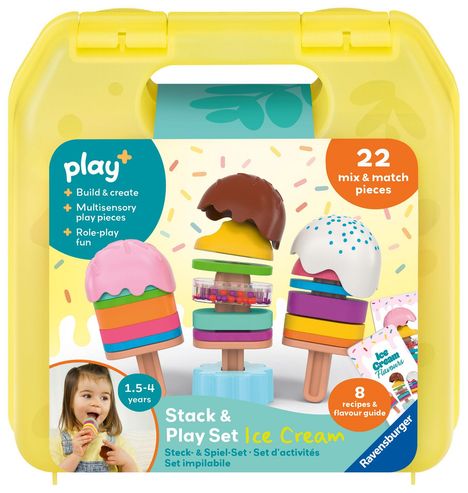 "Stack & Play Set Ice Cream" steht auf der Verpackung. Ein gelber Koffer zeigt stapelbare Eiscreme-Spielteile in bunten Farben.