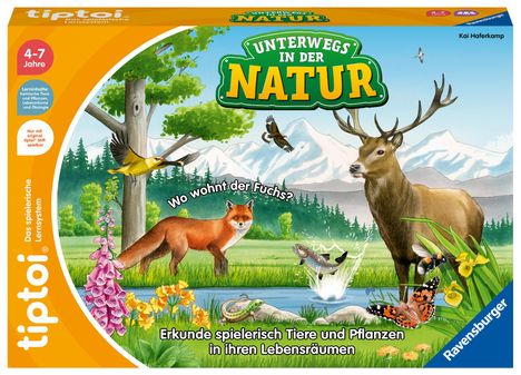 "Unterwegs in der Natur", "Wo wohnt der Fuchs?", "4-7 Jahre", bunte Walddarstellung mit Tieren wie Fuchs und Hirsch.