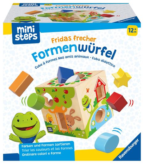 Ravensburger ministeps 4581 Fridas frecher Formen-Würfel, Klassisches Formensortierspiel aus Holz, Baby-Spielzeug ab 1 Jahr, Spiele