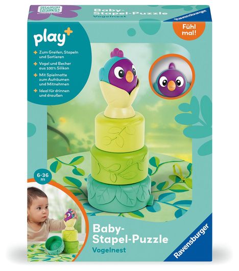 Ravensburger 4857 Play+ Baby-Stapel-Puzzle: Vogelnest, Montessori-Puzzle, Silikon, Saugnapf-Spielzeug für Baby ab 6 Monaten, Spiele