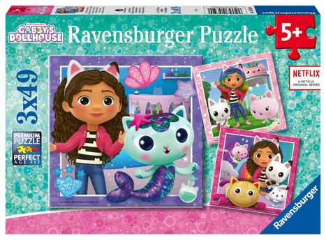 Ravensburger Kinderpuzzle 05659 - Spielzeit mit Gabby - 3x49 Teile Gabby's Dollhouse Puzzle für Kinder ab 5 Jahren, Diverse