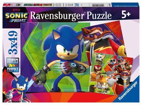 Ravensburger Kinderpuzzle 05695 - Die Abenteuer von Sonic - 3x49 Teile Sonic Prime Kinderpuzzle für Kinder ab 5 Jahren, Diverse