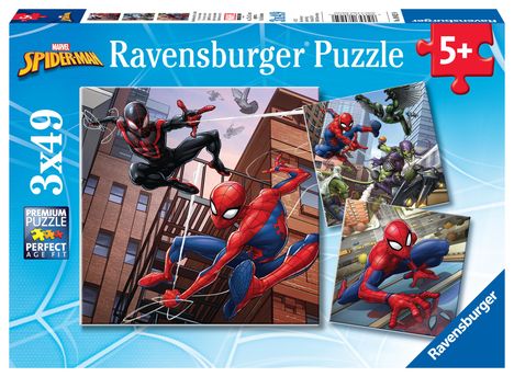 Ravensburger Kinderpuzzle 08025 - Spider-Man beschützt die Stadt - 3x49 Teile Spider-Man Puzzle für Kinder ab 5 Jahren, Spiele