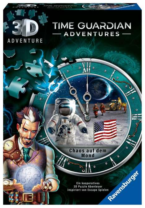 Ravensburger 3D Adventure 11539 TIME GUARDIANS - Chaos auf dem Mond - Escape Room Spiel, für 1 bis 4 Spieler - Kooperatives 3D Puzzle Abenteuer - einmaliges Event-Spiel ab 12 Jahren, Spiele