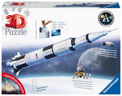 Ravensburger 3D Puzzle 11545 - Apollo Saturn V Rakete - zum Zusammenbauen und Erkunden - Für alle Weltraum Fans ab 8 Jahren, Diverse
