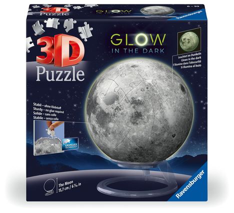 Ravensburger 3D Puzzle 11586 - Puzzle-Ball "Der Mond" - leuchtet im Dunkeln - dekorativer Glow-in-the-Dark Puzzleball aus 3D Puzzleteilen - ideales Geschenk für Erwachsene und Kinder ab 6 Jahren, Diverse