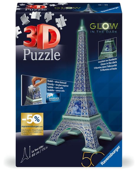Ravensburger 3D Puzzle 11591 - Eiffelturm Glow-In-The-Dark Edition - Das Wahrzeichen aus Paris, nachleuchtend, als Geschenk oder zum selber Puzzeln in 3D ab 10 Jahren, Diverse