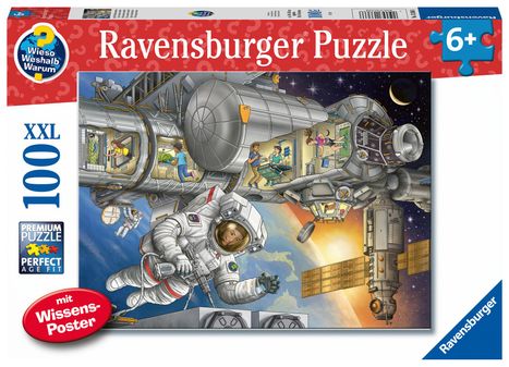 Ravensburger Kinderpuzzle 13366 - Auf der Weltraumstation - Wieso? Weshalb? Warum? Puzzle 100 Teile XXL + Wissensposter, für Weltraumfans ab 6 Jahren, Diverse