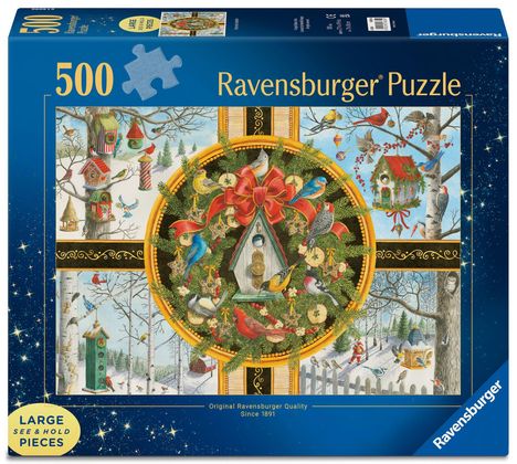 Schriftzug: "500 Ravensburger Puzzle". Illustration: Vogelhäuser in verschneiter Landschaft, bunte Vögel um Kranz.