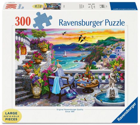 Text: „300“, „Ravensburger Puzzle“, „Large See & Hold Pieces“. Illustration von mediterraner Landschaft mit Meer und bunten Bauten.