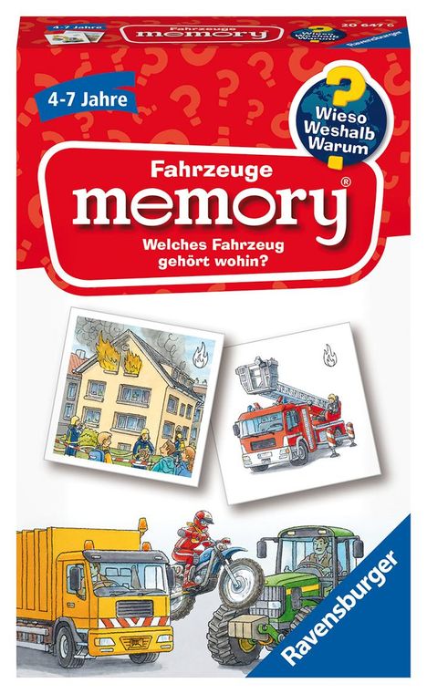 Ravensburger 20647 - Fahrzeuge memory® Wieso? Weshalb? Warum? der Spieleklassiker für 2-8 Spieler, Kinderspiel für alle Fahrzeug-Fans ab 4 bis 7 Jahren, Spiele