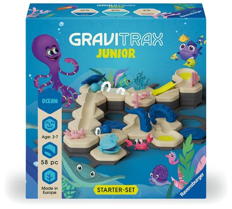 Ravensburger GraviTrax Junior Starter-Set S Ocean - Erweiterbare Kugelbahn für Kinder, Murmelbahn aus umweltfreundlichen Materialen mit Themenwelten, Konstruktionsspielzeug ab 3 Jahren, Spiele