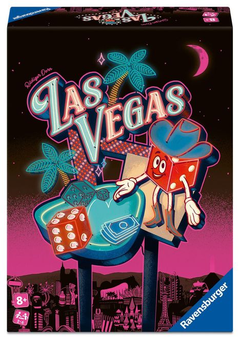 Text: "Las Vegas". Zeichnung eines würfelförmigen Charakters mit Cowboyhut, Palme und Würfeln auf einem Tisch vor einer Stadt.