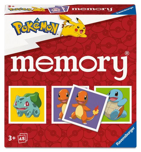 „Pokémon“ und „memory“ Text. Enthält Pikachu, Bulbasaur, Charmander, und Squirtle Illustrationen. Logo von Ravensburger.