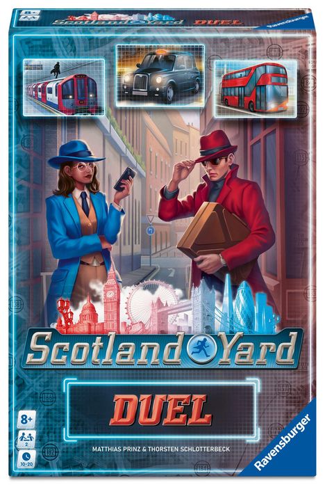 Oben: U-Bahn, Taxi, Bus. 
Titel: Scotland Yard DUEL.
Personen mit Hüten und Londoner Skyline.