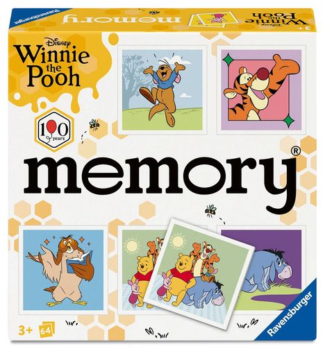"Disney Winnie the Pooh", "100 years", "memory", "3+", "64". Illustrationen von Winnie Puuh-Charakteren mit bunten Hintergründen.
