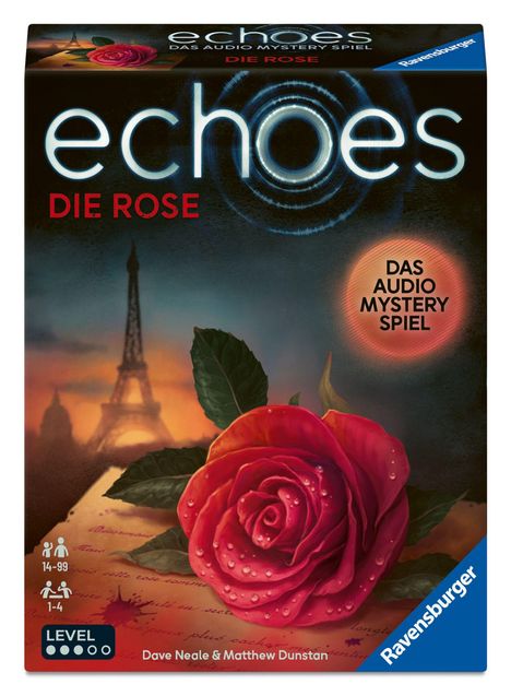 Text: "echoes DIE ROSE", "DAS AUDIO MYSTERY SPIEL", "Ravensburger". Eine rote Rose vor einem Pariser Hintergrund.