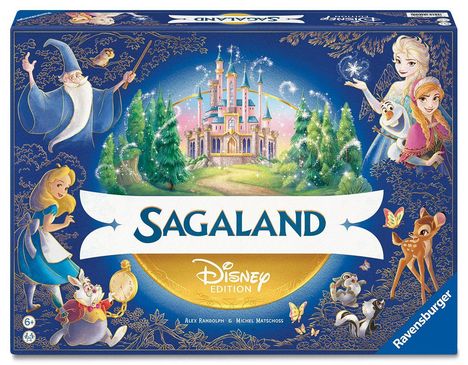 "Sagaland Disney Edition." Bild mit Schloss, Bäumen und bekannten Märchenfiguren: Zauberer, Prinzessinnen und Tieren.