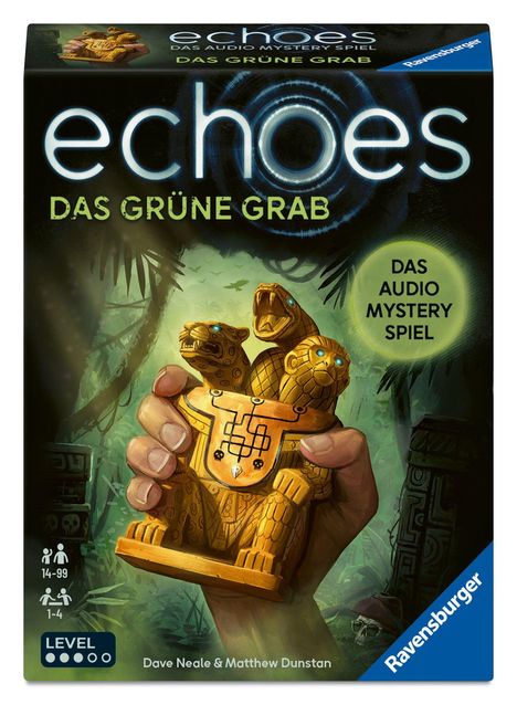 "echoes: Das grüne Grab" und "Das Audio Mystery Spiel". Illustration einer Hand, die eine mystische Figur hält.