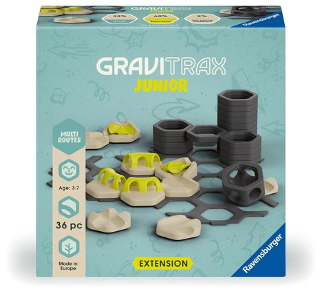 Ravensburger GraviTrax Junior Extension Multi Routes - Erweiterbare Kugelbahn für Kinder, Murmelbahn überwiegend aus nachwachsenden Rohstoffen mit Themenwelten, Konstruktionsspielzeug ab 3 Jahren, Spiele