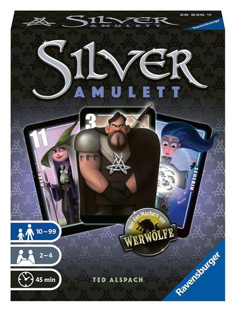 Ted Alspach: Ravensburger 26826 - Silver Amulett, Kartenspiel für 2-4 Spieler, Taktikspiel ab 10 Jahren, Charaktere von Werwölfe, Spiele