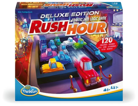 ThinkFun 76617 - Rush Hour - Das bekannte Stau-Spiel in der Deluxe Edition mit Fahrzeugen in Metalloptik, Logikspiel für Erwachsene und Kinder ab 8 Jahren, Spiele