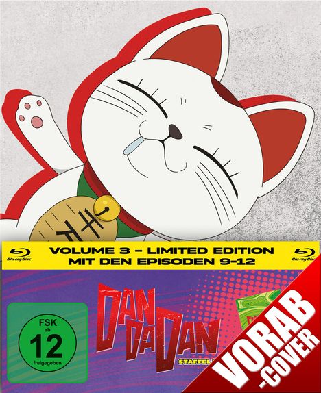 "Volume 3 – Limited Edition mit den Episoden 9–12. FSK ab 12 freigegeben. Dandadan Staffel. Vorab Cover. Illustration einer winkenden Glückskatze."