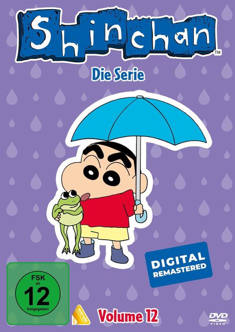 Text: Shinchan, Die Serie, FSK ab 12 freigegeben, Volume 12, DIGITAL REMASTERED. Illustration eines Kindes mit Regenschirm.