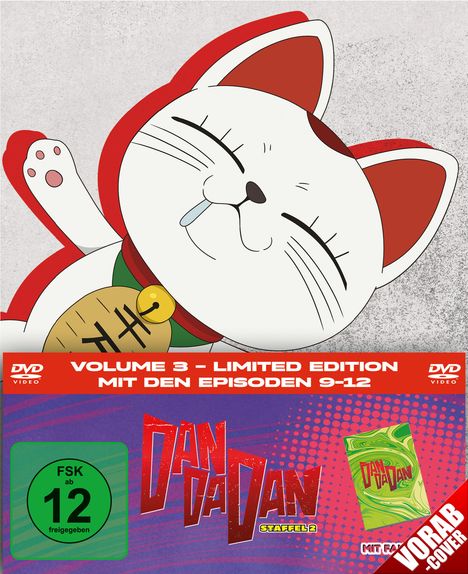"Volume 3 - Limited Edition - Mit den Episoden 9-12." Illustration einer winkenden Katze mit rotem Hintergrund.