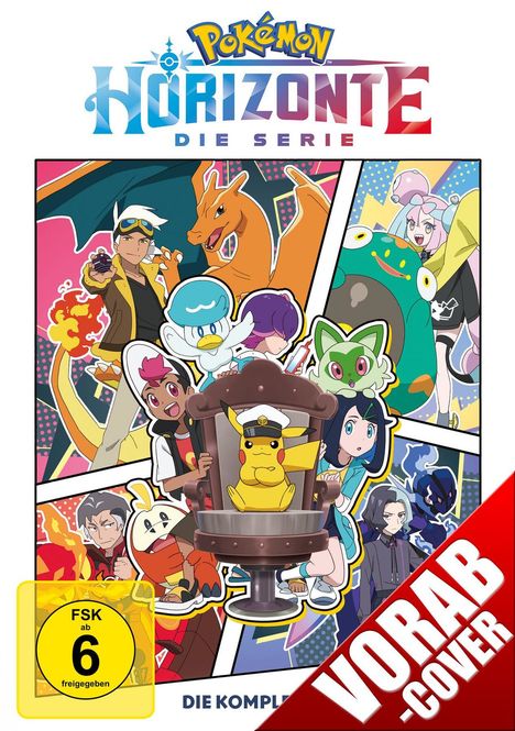 "Pokémon Horizonte Die Serie", "FSK ab 6 freigegeben", "Vorab Cover". Illustration mit Charakteren und Pokémon.