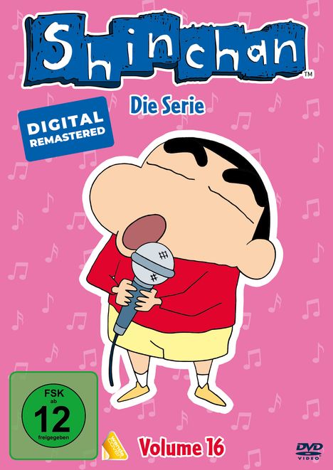 "Shinchan Die Serie. DIGITAL REMASTERED. Volume 16. Illustration: Kind singt mit Mikrofon, rosa Noten im Hintergrund."