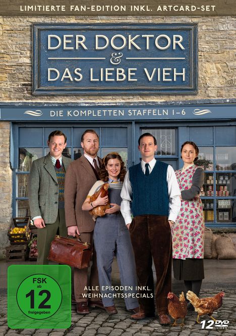 "Der Doktor & Das liebe Vieh", "Die kompletten Staffeln 1-6", fünf Personen vor einem Bauernladen, zwei Hühner.