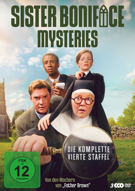 „Sister Boniface Mysteries“ - „Die komplette vierte Staffel“. Eine Nonne mit Lupe, umgeben von drei Personen, im Freien.