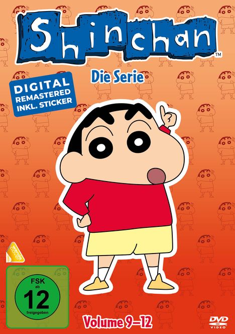 „Shinchan Die Serie“, „DIGITAL REMASTERED INKL. STICKER“, „FSK ab 12 freigegeben“, „Volume 9-12“. Zeichentrickfigur.