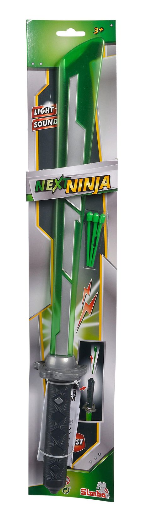 Blisterverpackung eines Spielzeugschwerts mit "NEX NINJA" und Hinweis auf "LIGHT SOUND". Kinderfreundlich ab 3 Jahren.