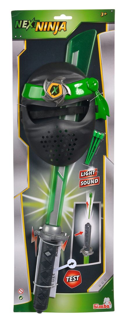 Texte: "NEX NINJA", "Light", "Sound", "Test".  
Spielset mit grüner Ninja-Maske, Schwert und Zubehör.