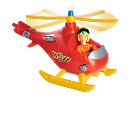 Ein roter Spielzeughubschrauber mit gelben Rotorblättern und einem lächelnden Piloten im Cockpit.