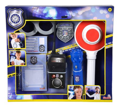 Aufschrift "Polizei", "Code 548", "Polizeiausweis". Set mit Spielzeug: Handschellen, Funkgerät, Kelle, Taschenlampe.