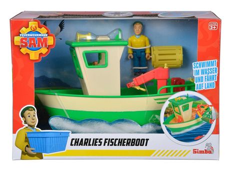 "Charlies Fischerboot", "FEUERWEHRMANN SAM". Spielzeugboot mit Figur in einer Verpackung mit auffälligem Design und Logo.