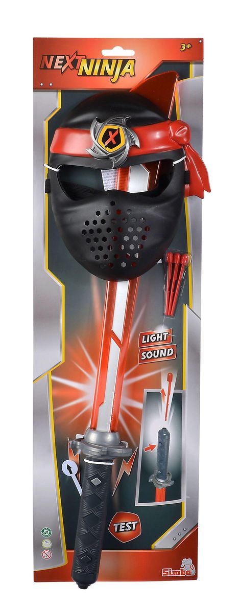 "NEXT NINJA", "3+", "LIGHT", "SOUND", "TEST". Verpackung mit Ninja-Maske und Schwert-Spielzeug.