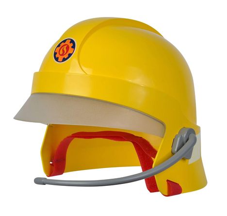 Gelber Helm mit rotem Innenfutter, Mikrofon und Logo mit Zahnrad und Flamme.