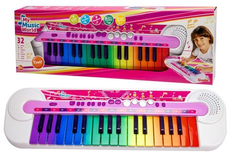 "My Music World", Spielzeugpiano mit 32 regenbogenfarbenen Tasten und runden Knöpfen, Kind auf der Verpackung.