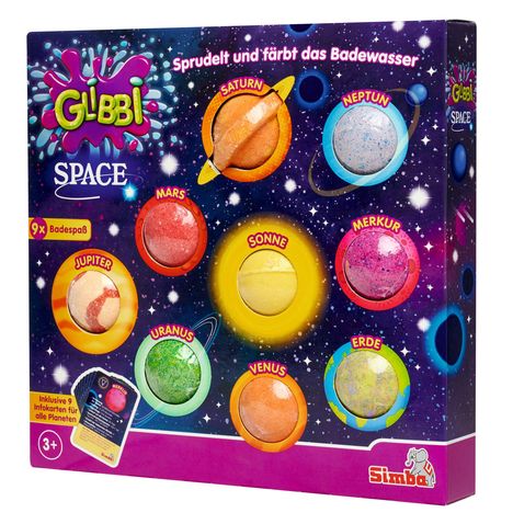 "Sprudelt und färbt das Badewasser." Neun bunte Bälle repräsentieren Planeten und die Sonne in einer Weltraum-Illustration.